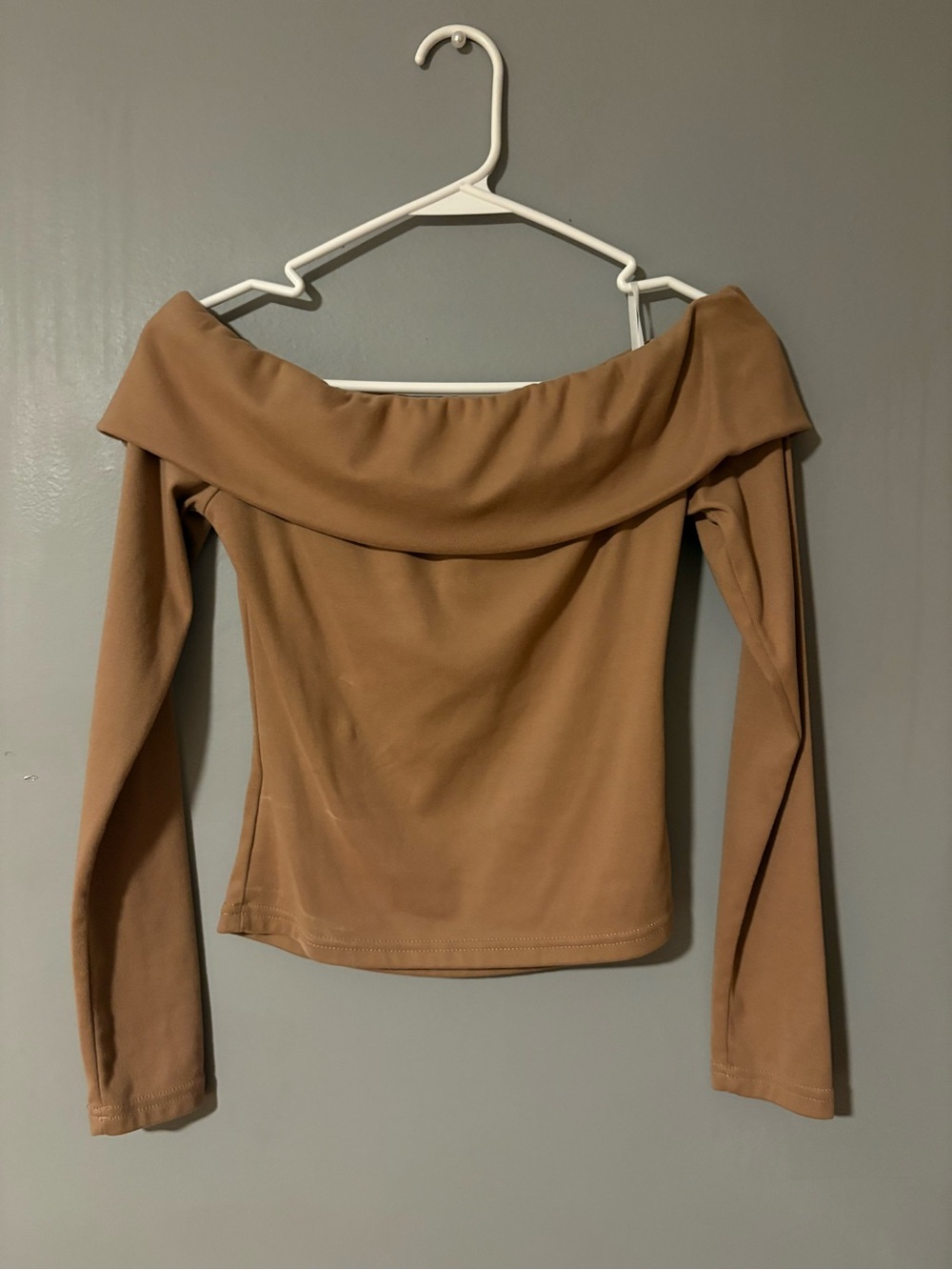 SHEIN Off-Shoulder Long Sleeve Top in Camel